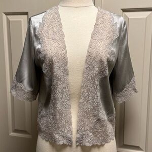 EXPRESS real silk blend and floral Lace Trim mini coat/shrug Top in Silver Gray